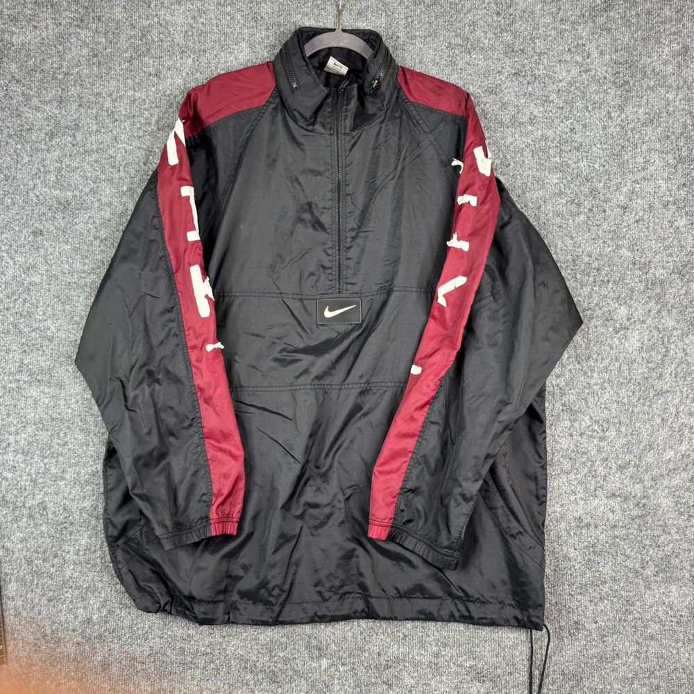 Nike Windbreaker Mens Size XL Black Maroon Half Zip Pullover Logo Sleeve Vintage
